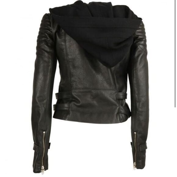 A.L.C. Knight Leather Biker Jacket Hooded Zipper Moto Black - Picture 2 of 14